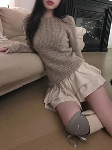 DAZY 女款蝴蝶結綁帶長袖拼色韓風針織衫 - 駝色 - 查看 3