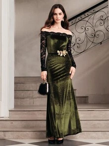 Anewsta Autumn/Winter New Elegant Fashion Party Holiday Outing Date Cold Shoulder Lace Patchwork Velvet Women's Long Dress - Army Green - View 2