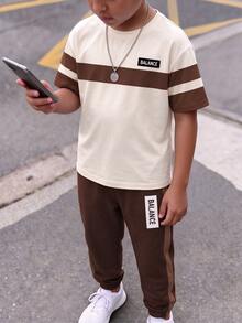 青少年男孩條紋印花短袖T恤與慢跑褲套裝 - 彩色 - 查看 2