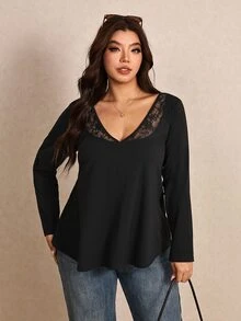 Elaquor Plus Size Women Lace Patchwork Casual Daily Wear T-Shirt - Black - View 6