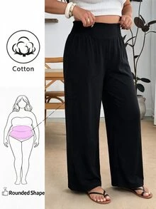 Enliva Plus Size Cotton Blend Elastic Waist Comfort Pants Compatible With Apple Body Round Body - Black - View 7