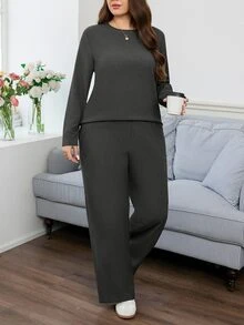 Easowa Curve 2件組大尺碼長袖上衣與迷彩印花長褲套裝，女款軍綠色秋季休閒日常穿著，迷彩兩件式居家休閒套裝 - 灰色 - 查看 5