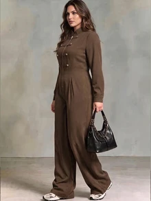 Linhara CURVE Plus Size Woven Elegant Autumn One-Piece Pants - Coffee Brown - View 8
