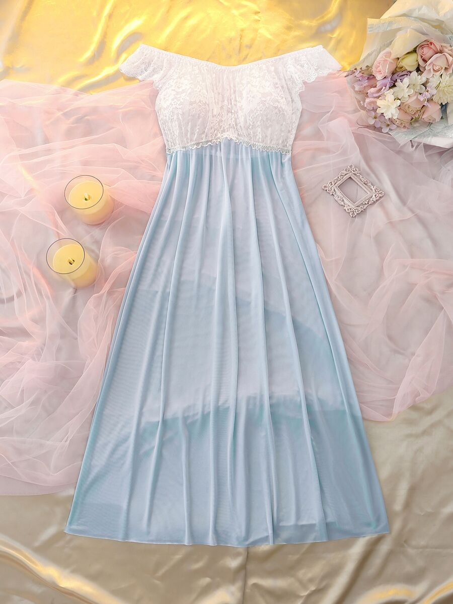DelicateAllure Women's Colorblock Contrast Lace Off-Shoulder Elegant Nightgown - Blue - View 1