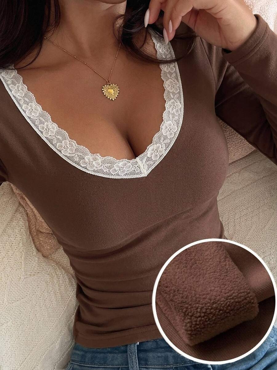 DAZY 女款保暖內裡修身純色T恤 Y2K 休閒優雅日常居家半正式日穿奶油白 秋冬冬季 - 棕色 - 查看 1