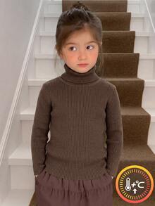 Young Girl Coffee Turtleneck Ribbed Sweater, Solid Stripe Slim Fit Top, Soft Warm Skin-Friendly, Snug, Versatile Fall Winter Undershirt - Coffee Brown - View 3