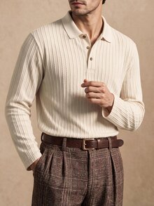 Core Aspect 男士米色提花長袖 Polo 衫，適合日常休閒穿著 - 杏色 - 查看 1