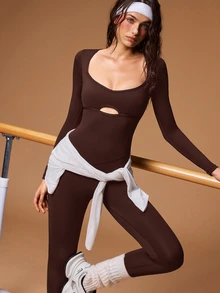 VARSIVA Solid Color Twist Backless Fitted Sports Jumpsuit - Brown - View 8