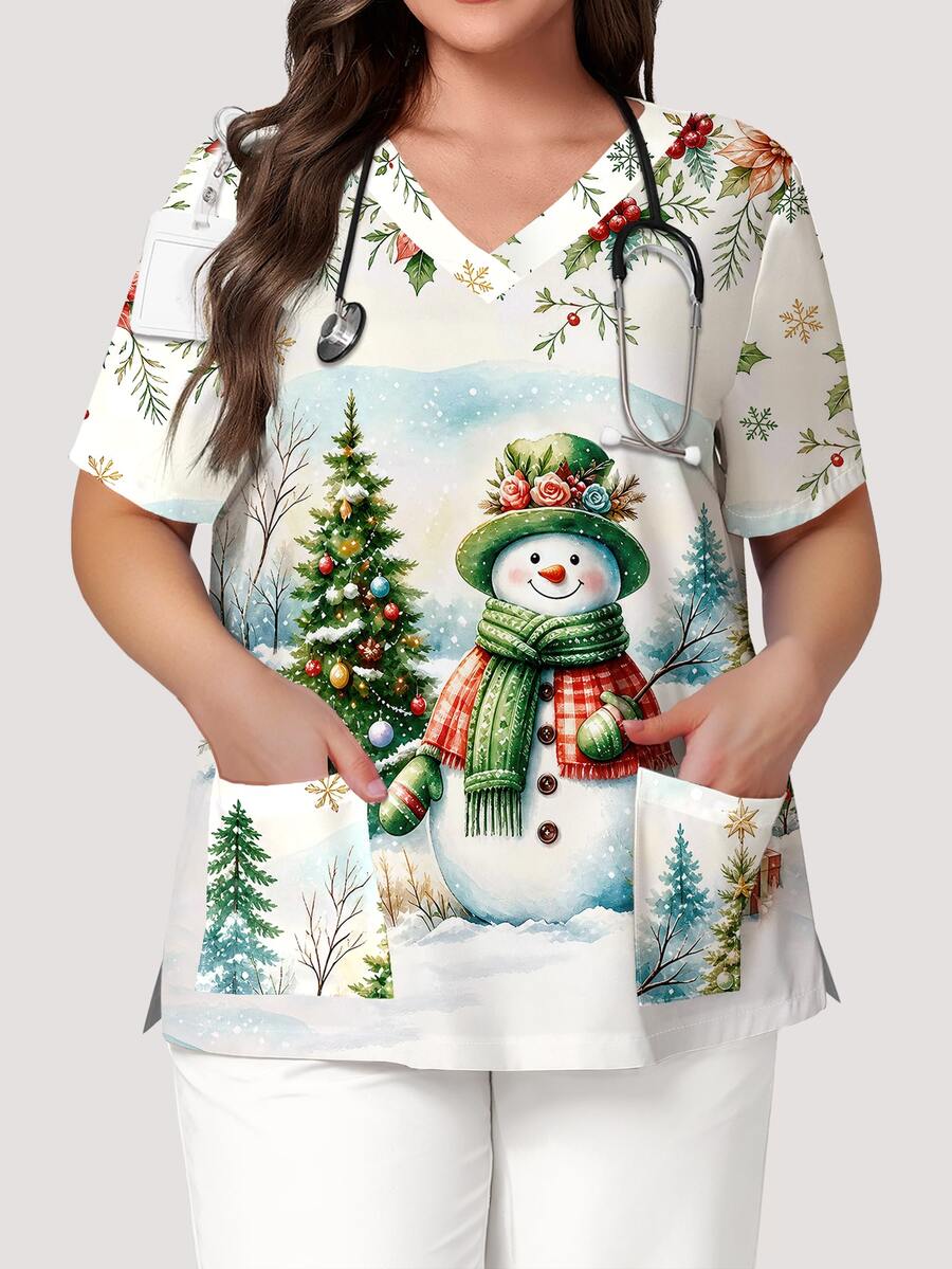 PopScrub Winter Christmas White Snowman & Holly Print Plus Size Nurse ...