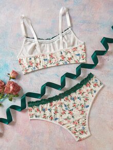Elorette Christmas Green And White Plus Size Bra And Panty Sets Floral Print Lingerie Set - Green - View 2