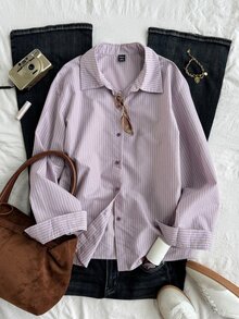 Dazy Kids Teen Girls Loose Casual Long Sleeve Textured Shirt With Collar - Mauve Purple - View 3