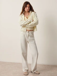 Willow Rêve Áo cardigan len dệt kim dáng rộng cổ cổ điển họa tiết jacquard kéo khóa màu kem cho nữ - Kem - Xem 4