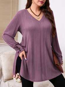 EMERY ROSE Plus Size Solid V-Neck Long Sleeve Button Decor Casual T-Shirt Fall Cloth For Women - Dusty Purple - View 1