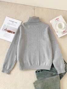 SHEIN 青少年男孩套頭毛衣，附麻花編織提花與馬刺繡標誌，適合秋冬穿著，可搭配大衣與鋪棉外套 - 灰色 - 查看 3