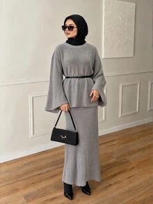 Solavon Women's Solid Color Bell Sleeve Top And Skirt Knit Two Pieces Set - Grey - View 1