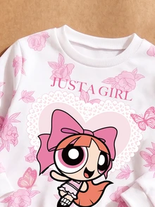 THE POWERPUFF GIRLS X SHEIN Baby Girl Floral Cartoon Print Crew Neck Sweatshirt And Elastic Waist Flare Pants Casual Set - Hot Pink - View 4