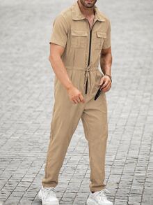 Manfinity CasualCool Men Flap Pocket Drawstring Waist Shirt Jumpsuit - Khaki - View 4