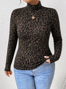 Lounesse Plus Size Leopard Print High Neck Long Sleeve T-Shirt - Slim Fit, Soft Fabric, Simple And Elegant Design, Double Layer Thickened, Suitable For Winter Workplace And Formal Occasions - Multicolor - View 4