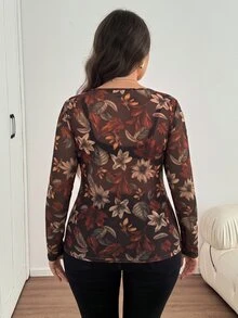 Easowa Curve 大尺碼女款植物印花圓領長袖上衣，黑色，1960年代性感風，適合秋季約會之夜、度假與早午餐 - 彩色 - 查看 2