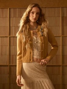 MOTF STUDIO WOMEN'S AUTUMN/WINTER HEAVY EMBELLISHED BEADED COLLAR SHORT FUR KNIT CARDIGAN - Khaki - View 6