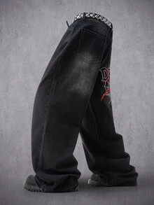 Manfinity Denimwave Men Y2K Hip Hop WideLeg Jeans, Spider Graphic Print Baggy Denim Trousers - Black - View 2