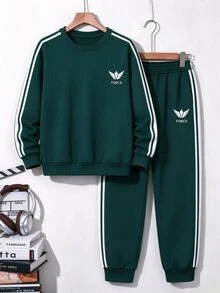 青少年男孩休閒極簡寬鬆舒適長袖圓領運動衫 2件套，適合秋冬 - 彩色 - 查看 5