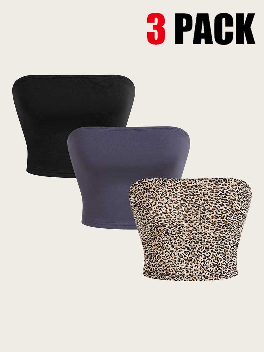SHEIN EZwear 3-Piece Women's Solid Color And Leopard Print Fashion Strapless Tops - Multicolor - View 1