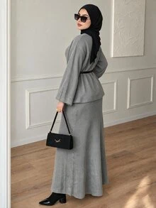 Solavon Women's Solid Color Bell Sleeve Top And Skirt Knit Two Pieces Set - Grey - View 2