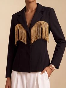 Vesra Áo blazer nữ phối màu đen & vàng với tua rua - màu đen - Xem 7