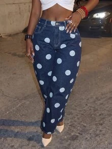 Slaydiva Women's Polka Dot Pattern Casual Denim Loose Curved Leg Dad Jeans - Blue - View 2