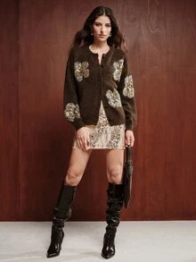Anewsta Modern Winter Women's Dark Brown Sequin Embroidered Knit Cardigan - Coffee Brown - View 7
