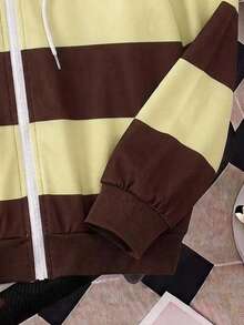 SHEIN EZwear 女款全印花運動衫，棕色與黃色條紋，現代都市時尚商務休閒辦公穿搭，低調老錢風，精緻通勤機場造型，學院風返校校園社團休閒青年風格 - 彩色 - 查看 3