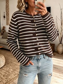 SHEIN LUNE 女款條紋休閒百搭日常穿著開襟衫 - 咖啡棕 - 查看 3