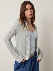 Willow Rêve Women's Light Gray Embroidered Lace Collar Decor Knitted Cardigan - Grey - View 7