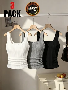 SHEIN 3pcs Set Women's Teen Minimalist Solid Color Fitted All-Match Ribbed Thermal Lined Knit Tank Tops, Square Neck Versatile Outerwear Camisole Undershirt Tops - Multicolor - View 4