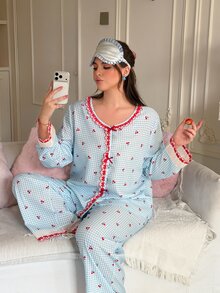 Slumberry CURVE Bộ đồ ngủ in họa tiết anh đào và trái tim ngọt ngào dễ thương, bộ đồ ngủ size lớn phong cách lãng mạn thanh lịch cho nữ - Nhiều màu - Xem 4