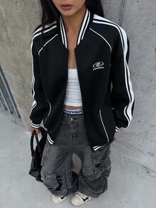 Coolane 女款秋冬休閒外出時尚街頭風條紋拉鍊立領長袖運動風飛行夾克 - 黑色 - 查看 3