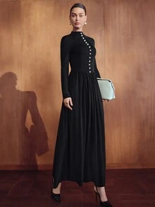 MOTF PREMIUM VINTAGE ELEGANT BLACK STAND COLLAR LONG SLEEVE DRESS, FRONT PEARL DECORATED BUTTONS, RUCHED WAIST FLARED HEM ANKLE LENGTH, MINIMALIST ELEGANT SLIM FIT LONG DRESS, SUITABLE FOR DAILY OUTINGS, AFTERNOON TEA, LIGHT PARTIES AND GATHERINGS - Black - View 5