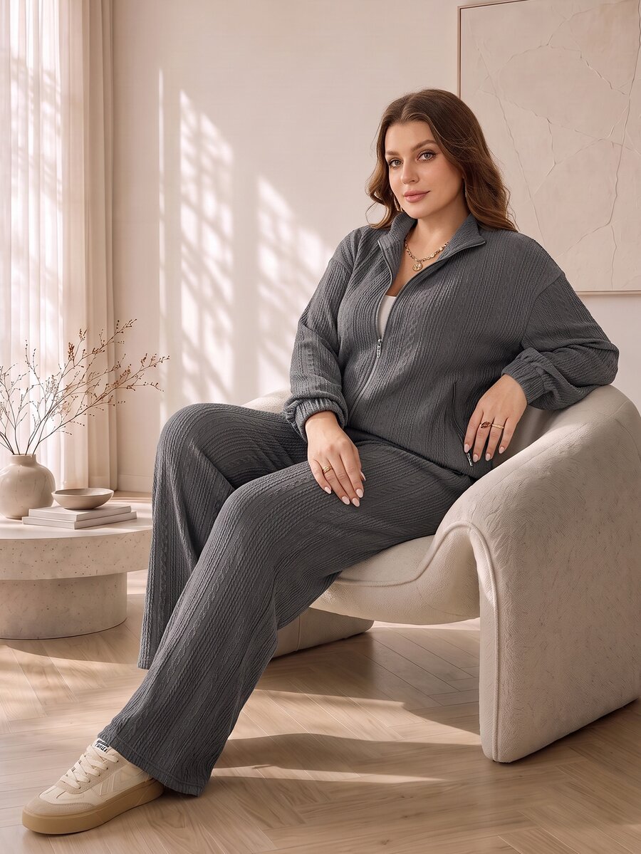 Rosumi Women's Plus Size Textured Fabric Casual Zip-Up Jacket And Pants Sports Set - Green - View 1