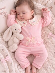SHEIN Autumn/Winter 2 Pieces Set Baby Girl Loungewear, Sweet Cute Pink Series, Peter Pan Collar Cardigan Top With White Ruffle Trim And 3D Cherry Embroidery - Pink - View 6