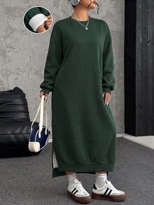 SHEIN EZwear 大尺碼寬鬆休閒長版抓絨衛衣洋裝，秋冬款 - 墨綠色 - 查看 1