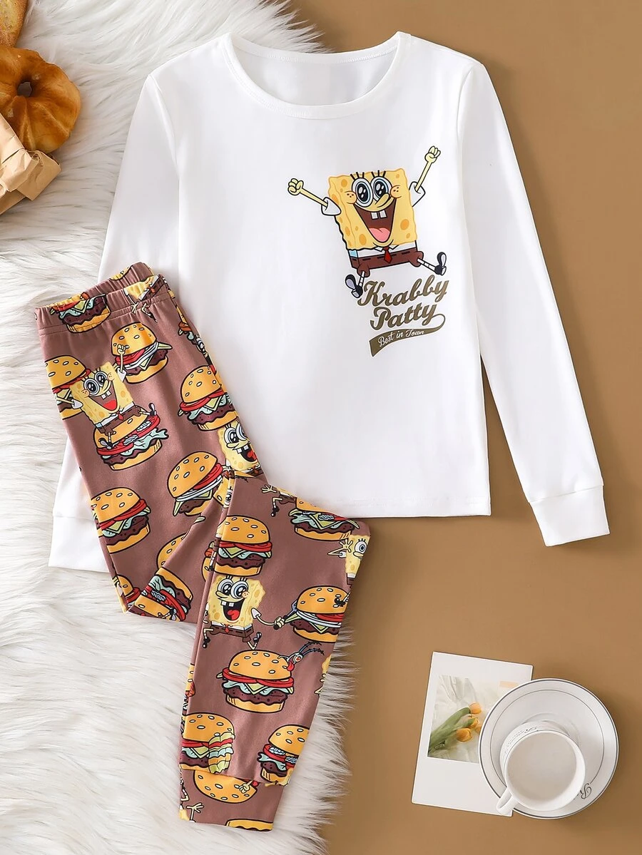 SpongeBob SquarePants | SHEIN GraphicGems 青少年男孩舒適卡通印花上衣與內搭褲居家休閒套裝 - 白色 - 查看 1
