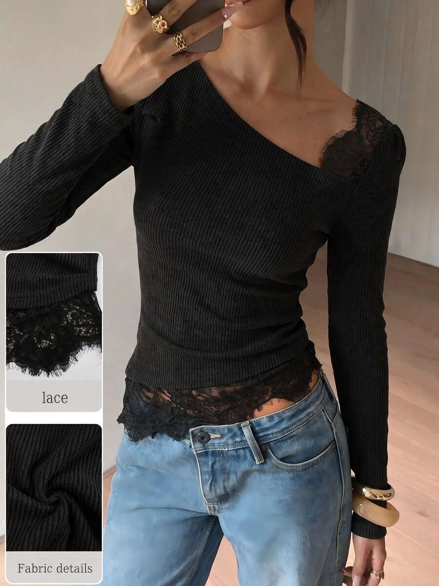 Allurite Contrast Lace Asymmetrical Neck Top Night Out Olive Green Autumn Sexy - Black - View 1
