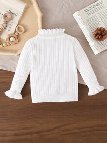SHEIN Baby Girls Sweaters, Infant Toddler Pullover Ruffle Collar Knitted Long Sleeve Sweater, Suitable For Autumn/Winter, White/Cream Solid Color - Beige - View 2