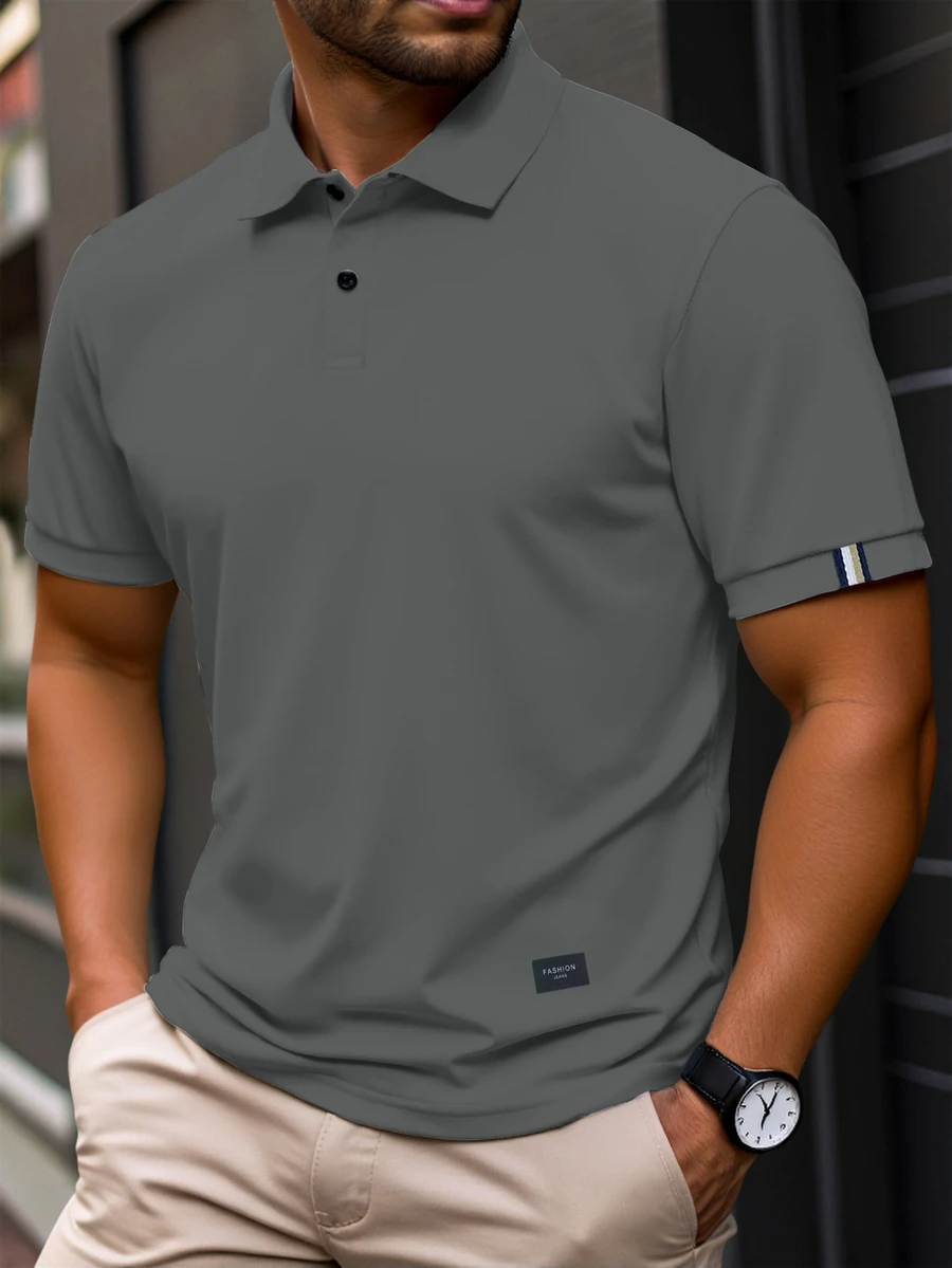 Manfinity Homme 大尺碼男士休閒短袖 Polo 衫 高爾夫夏季純色通勤 Polo 衫 正裝 - 深灰色 - 查看 1