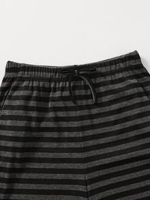 SHEIN 青少年女孩休閒時尚藍灰色羅紋針織 2 合 1 蕾絲半鈕扣長袖套頭 T 恤配抽繩寬鬆直筒長褲 2 件套 - 霧霾藍 - 查看 6