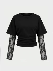 SHEIN 青少年女孩休閒優雅時尚抓皺腰部 2 合 1 蕾絲長袖圓領套頭短版衛衣，Y2K - 黑色 - 查看 2