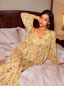 Slumberist Mature Sexy Floral Semi-Sheer Mesh Print Contrast Lace Diamond Heart Buckle Camisole Pants & Jacket Women's Pajama Set - Yellow - View 7