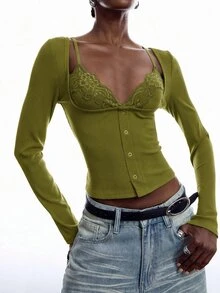 LYSMO Women's Solid Color Contrast Lace Long Sleeve 2 In 1 Sexy T-Shirt Concert Outfit For Women - Green - View 1