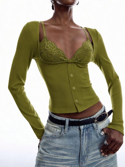 LYSMO Women's Solid Color Contrast Lace Long Sleeve 2 In 1 Sexy T-Shirt Concert Outfit For Women